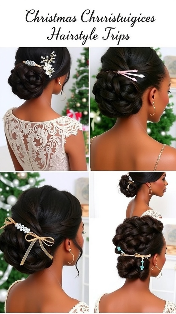 A collection of stylish Christmas hairstyles for black women, showcasing various elegant looks with festive accessories.